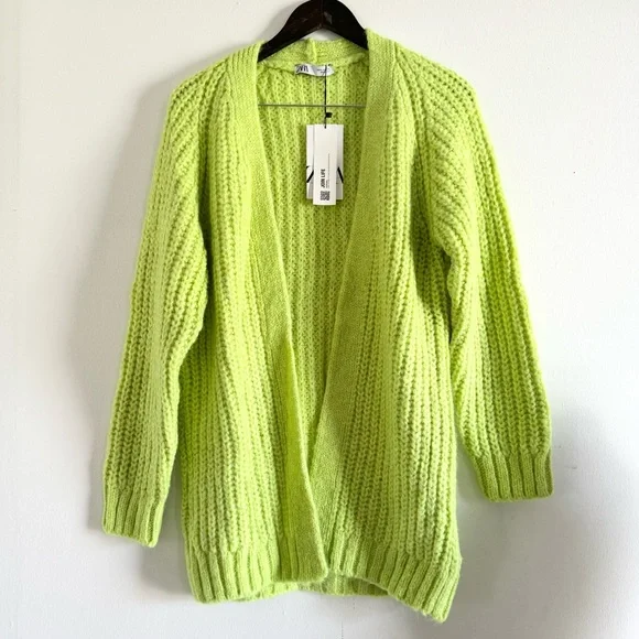 NWT Zara Neon Green Long Open Chunky Cardigan Small - Picture 4 of 7